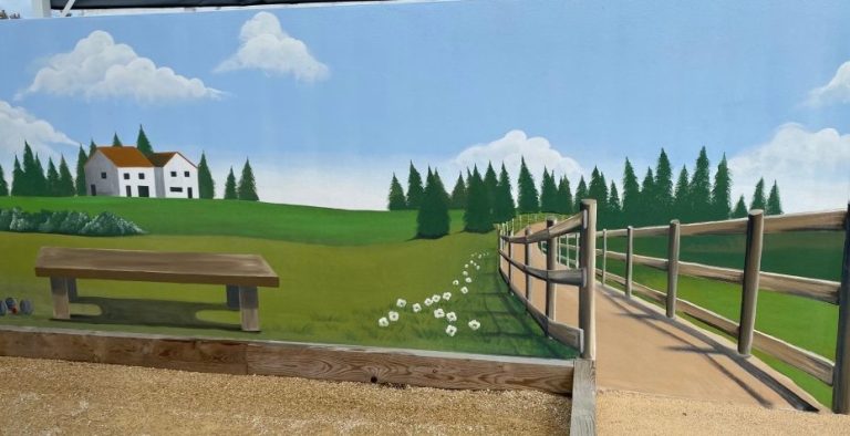 Peinture fresque en trompe oeil avec faux chemin d'un terrain de boule. Réalisation de la fresque à saint jean de mont.