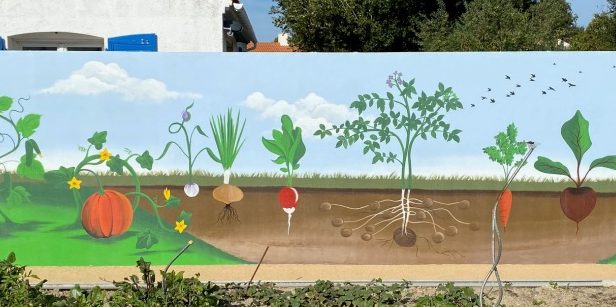 Fresque colorée représentant des légumes et des plantes partant du sol.