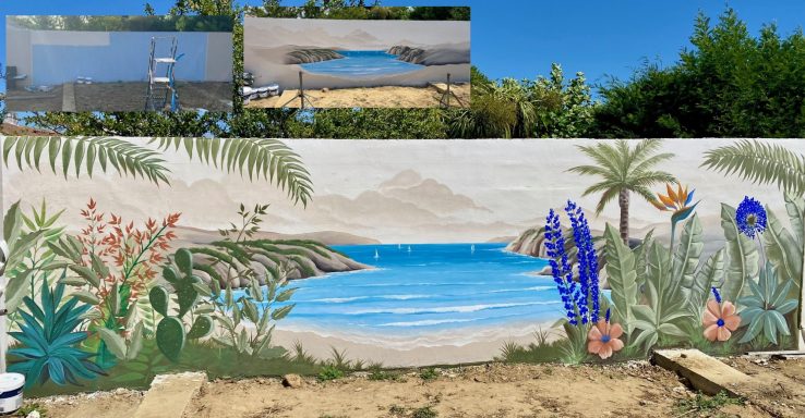 Peinture murale extérieure d'un plage exotique Fresque murale représentant une plage avec des palmiers et des fleurs colorées.